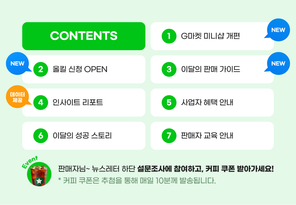 CONTENTS. 01. G마켓 미니샵 개편. 02. 올킬 신청 OPEN. 03. 이달의 판매 가이드. 04. 인사이트 리포트. 05. 사업자 혜택 안내. 06. 이달의 성공 스토리. 07. 판매자 교육 안내. 판매자님~ 뉴스레터 하단 설문조사에 참여하고, 커피 쿠폰 받아가세요! 안내: 커피 쿠폰은 추첨을 통해 매일 10분께 발송됩니다.