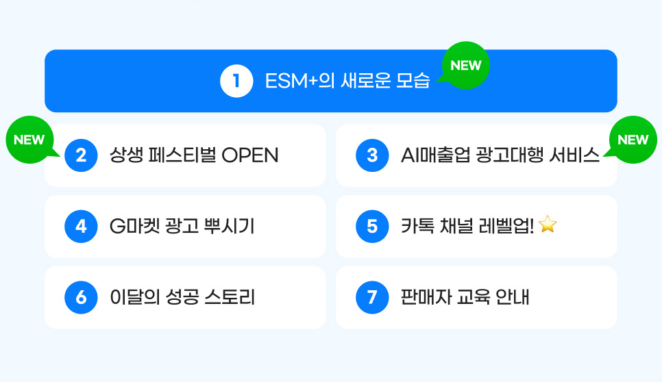 컨텐츠. 01.ESM+의 새로운 모습. 02.상생 페스티벌 OPEN. 03.AI매출업 광고대행 서비스. 04.G마켓 광고 뿌시기 05.카톡 채널 레벨업! 06.이달의 성공 스토리 07.판매자 교육 안내