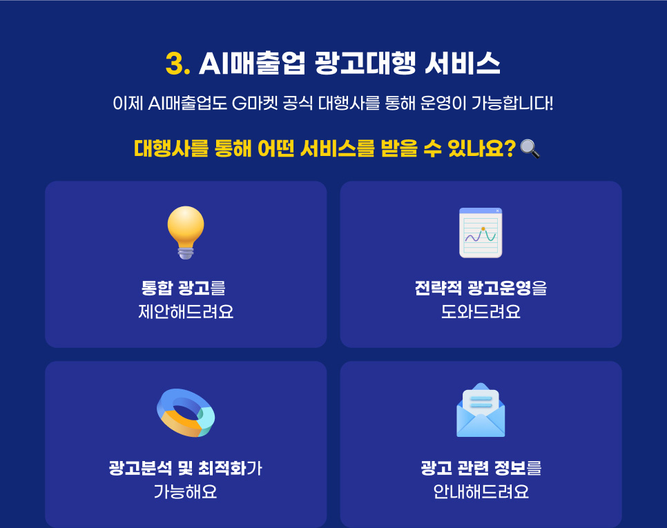 3. AI매출업 광고대행 서비스. 이제 AI매출업도 G마켓 공식 대행사를 통해 운영이 가능합니다!