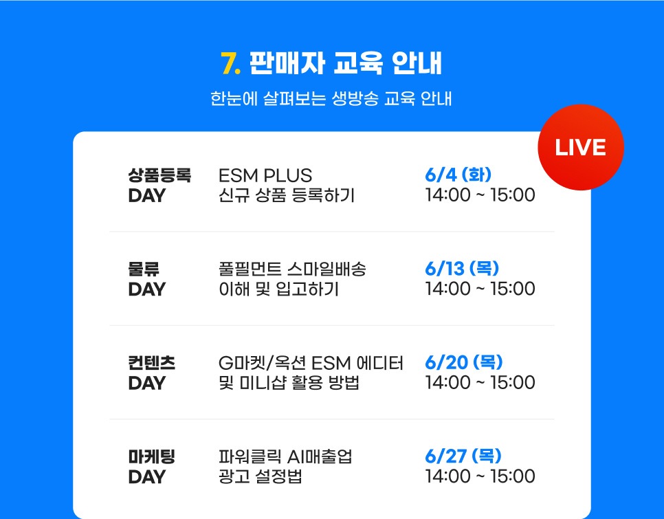 7. 판매자 교육 안내. 한눈에 살펴보는 생방송 교육 안내. 상품등록 DAY. ESM PLUS 신규 상품 등록하기. 6월 4일(화) 14:00부터 15:00까지. 물류 DAY. 풀필먼트 스마일배송 이해 및 입고하기. 6월 13일(목) 14:00부터 15:00까지. 컨텐츠 DAY. G마켓/옥션 ESM 에디터 및 미니샵 활용 방법. 6월 20일(목) 14:00부터 15:00까지. 마케팅 DAY. 파워클릭 AI매출업 광고 설정법. 6월 27일(목) 14:00부터 15:00까지