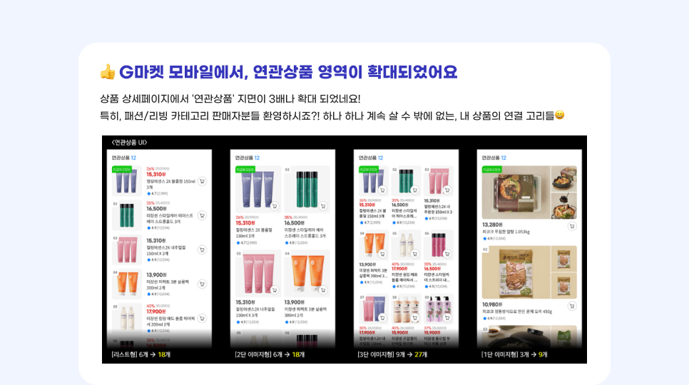 G마켓 모바일에서, 연관상품 영역이 확대되었어요. 상품 상세페이지에서 '연관상품' 지면이 3배나 확대 되었네요! 특히, 패션/리빙 카테고리 판매자분들 환영하시죠?! 하나 하나 계속 살 수 밖에 없는, 내 상품의 연결 고리들.