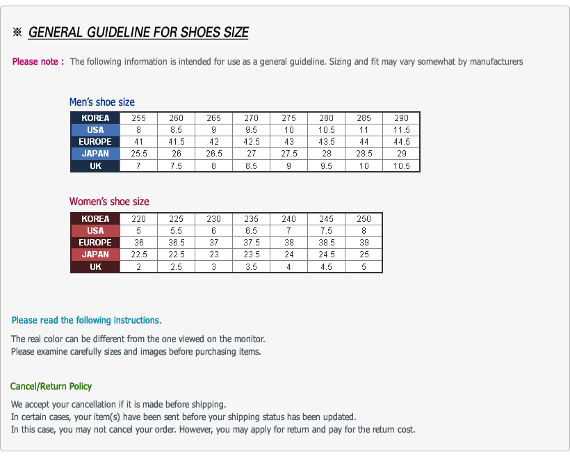 Size Chart Korea Shoes