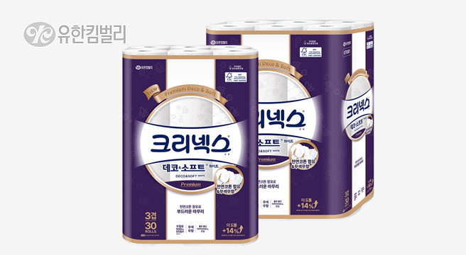 크리넥스 3겹 데코앤소프트 화이트 25MX30롤 2팩 (30롤+30롤)