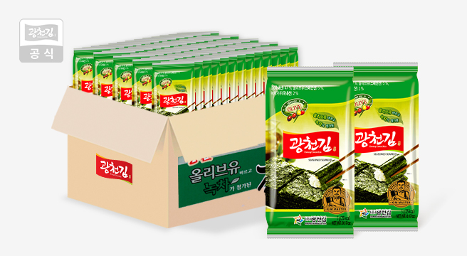 (신선집중) 광천김 올리브유 녹차 도시락김 5g 72봉 (대용량 1box) / 올리브유로 바삭하게 구운 김
